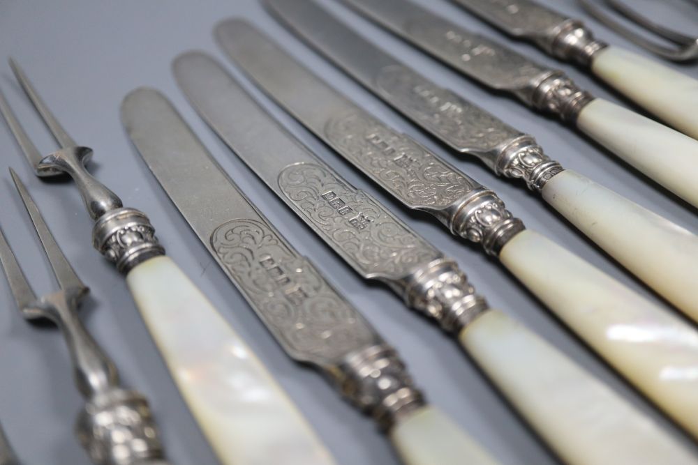 Six pairs of Edwardian mother of pearl handled silver dessert eaters, Fenton Brothers Ltd, Sheffield, 1902/08.